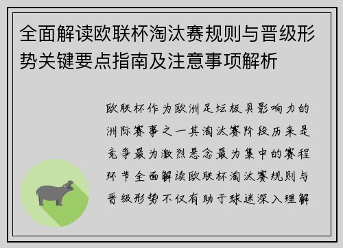 全面解读欧联杯淘汰赛规则与晋级形势关键要点指南及注意事项解析