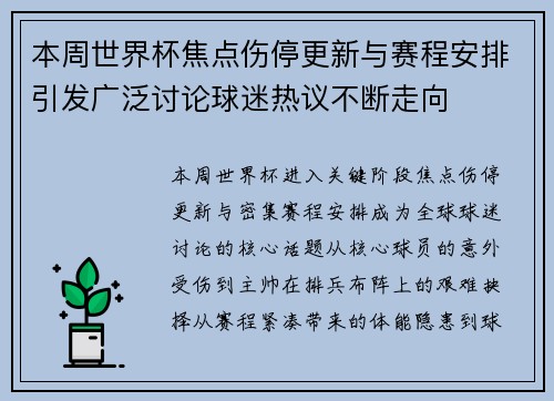 本周世界杯焦点伤停更新与赛程安排引发广泛讨论球迷热议不断走向